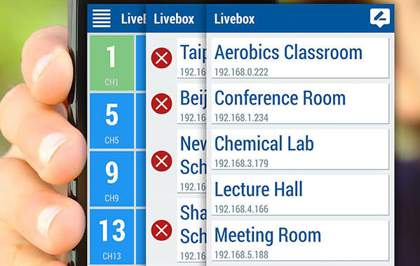Livemote遥控器APP行动应用软件安装在Android或iOS手机或平板，可透过标准以太网路同时控制多台Livebox或Livebox PRO 4K 直播机，用户可切换直播频道，或是变更Livebox或Livebox PRO 4K 直播机的设置值。